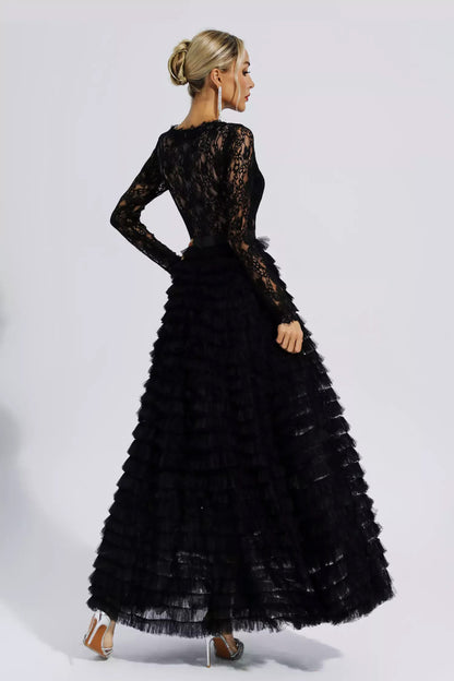 Black Hollow Lace A-line Maxi Dress