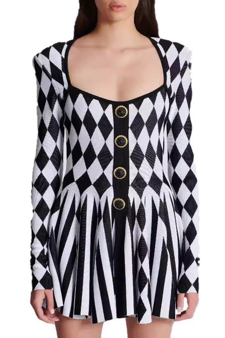 Black Elegant Square Neck Print Pleated Mini Dress