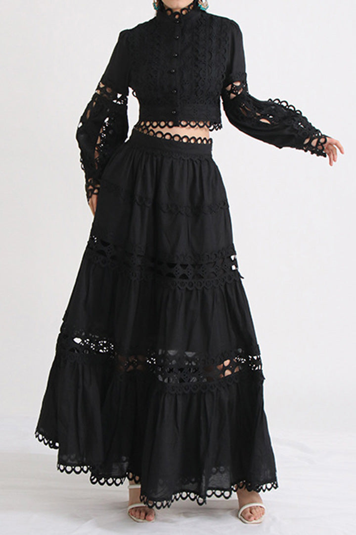 Lace Neck Cutout Top and High Waist Skirt Set