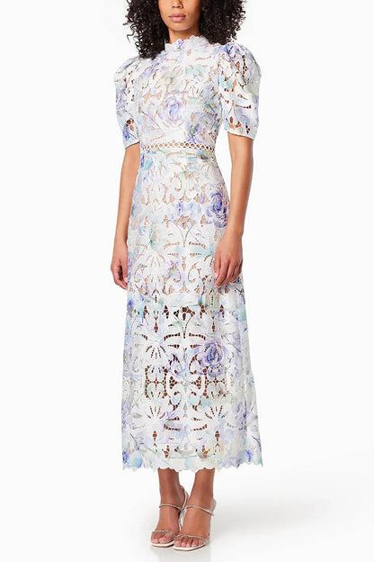 Round Neck Lace Embroidery Midi Dress