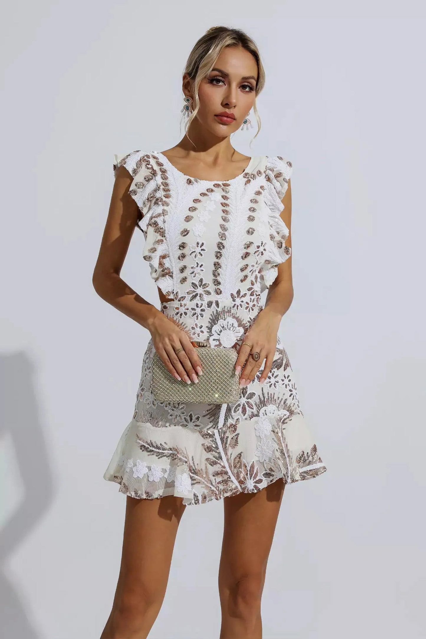 White Ruffle Floral Cutout Mini Dress