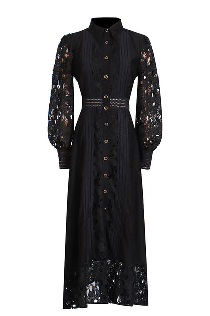 Lapel Lace Embroidery Long Dress