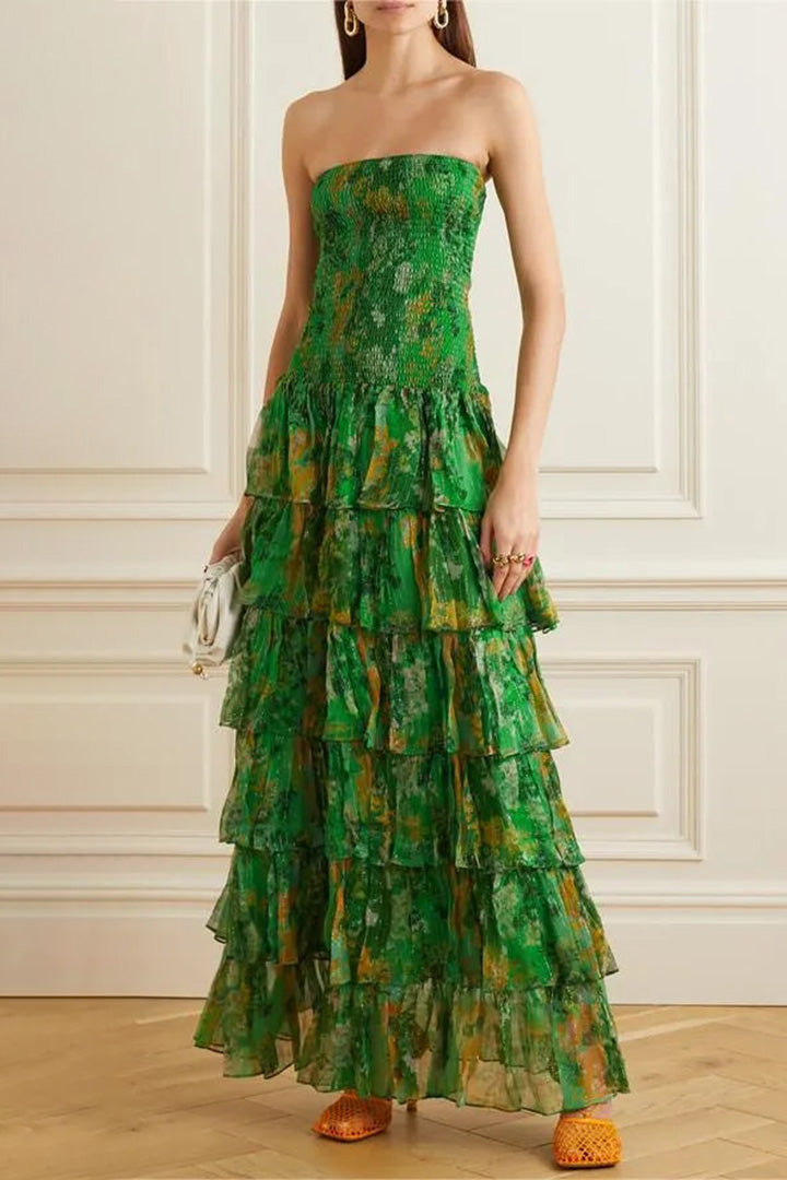 Green Smocking Strapless Tiered Maxi Dress