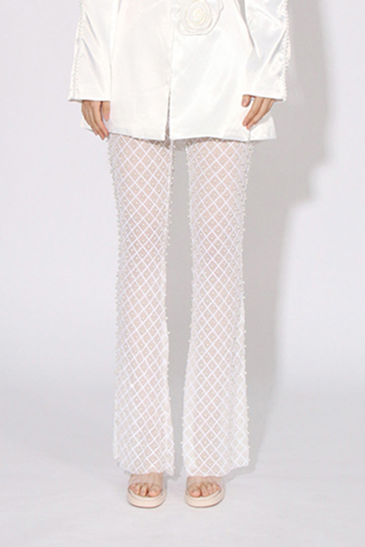 White Cut Out Floral Blazer And Rivet Pants Set