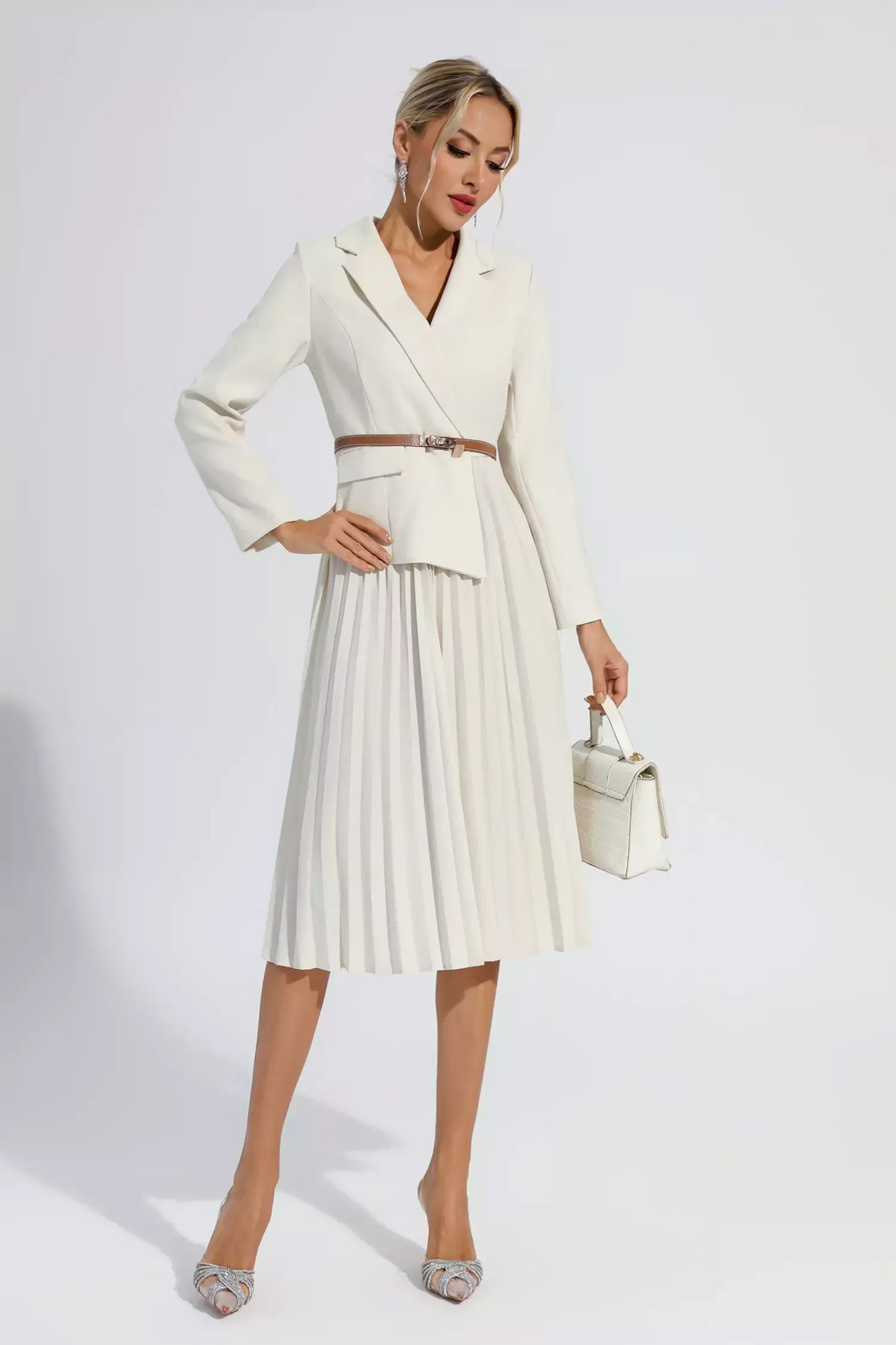 Beige Ruched Blazer Midi Dress