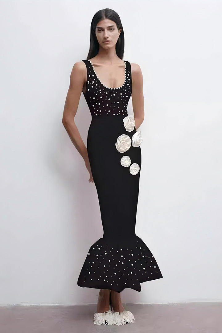 Black Elegant Beaded Halter Fishtail Long Dress