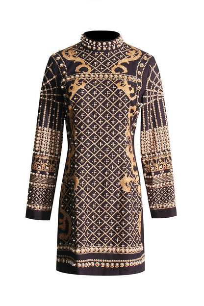 Stand Collar Long Sleeve Printed Beaded Mini Dress