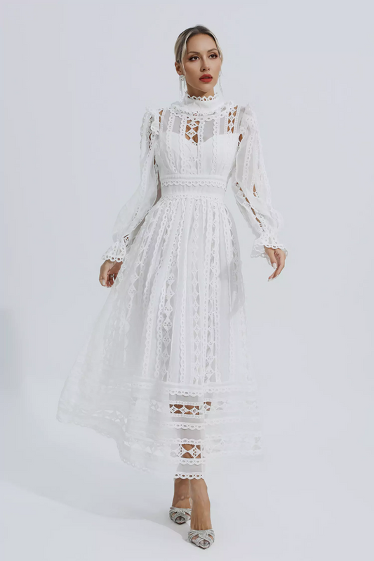 White Hollow Lace Long Sleeve Dress