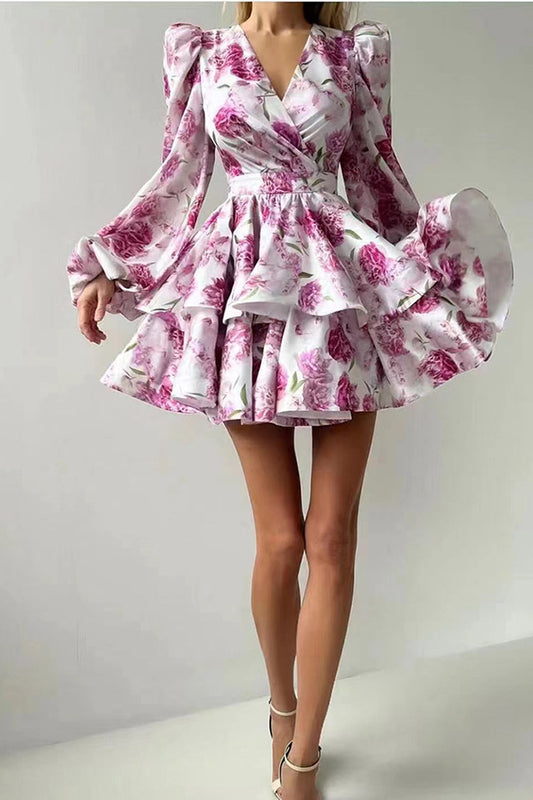 Bubble Sleeve Printed Short Puffy Dress