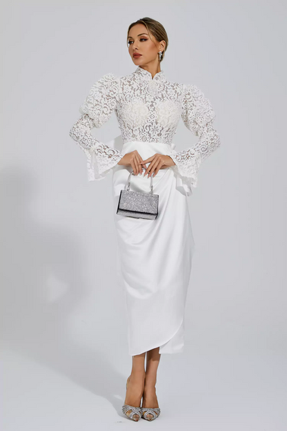 White Lace Bubble Sleeve Midi Dress