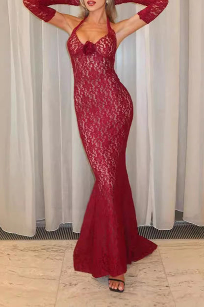 Red Rose Lace Halter Maxi Dress