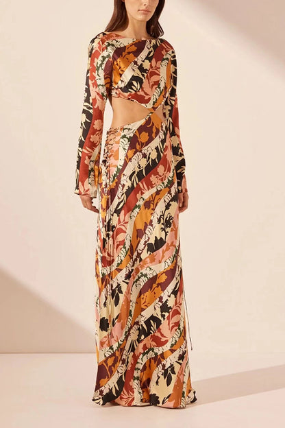 Orange Round Neck Printed Cutout Maxi Dress