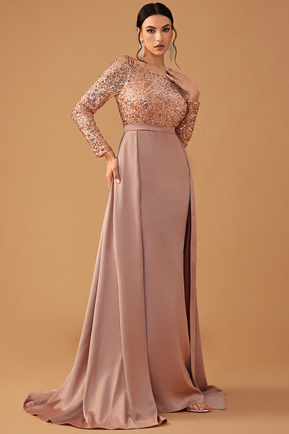 Elegant Round Neck Long Sleeve Sequin Long Dress