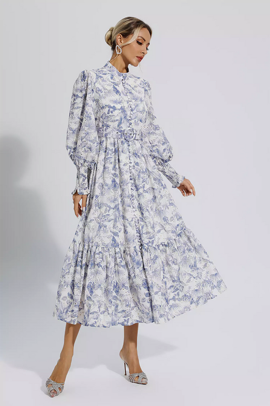 Blue Floral Long Sleeve Maxi Dress