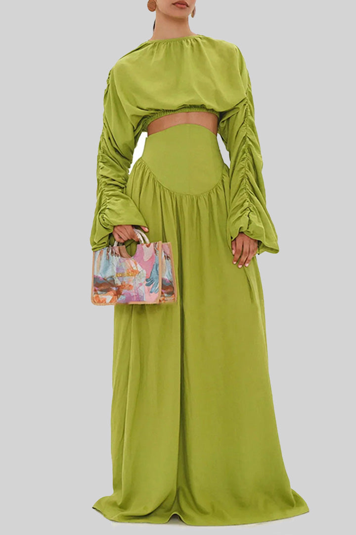 Yellow Green Casual Round Neck Long Dress Set