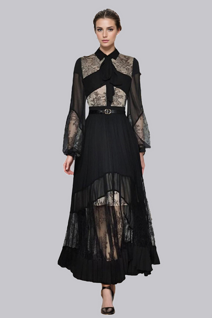 Black Lace Lapel Hollow Maxi Dress