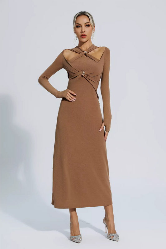 Brown Knit Long Sleeve Maxi Dress