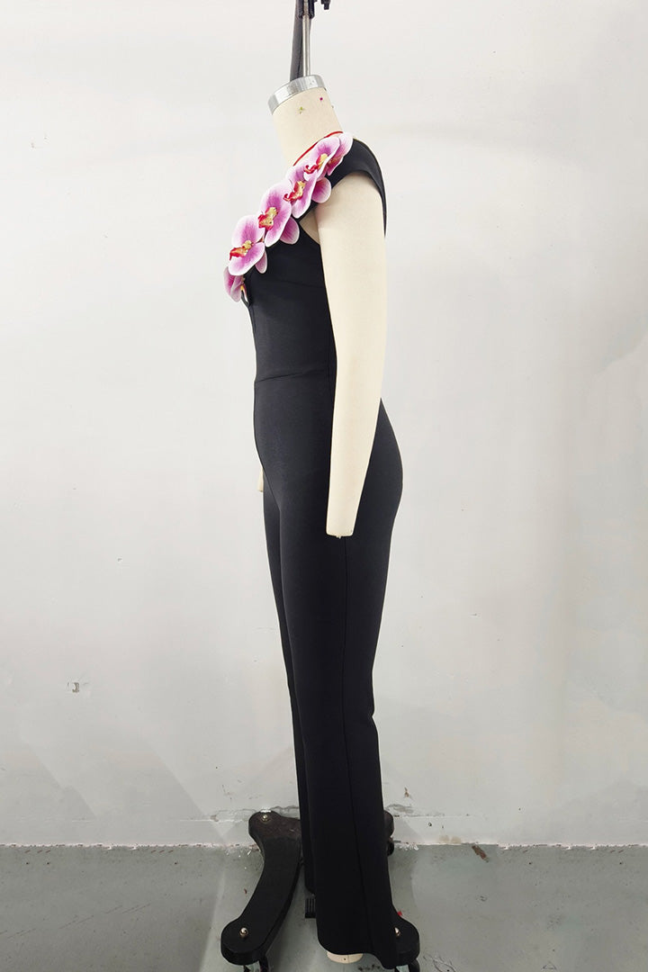 Black Slanted Shoulder Pink Floral Jumpsuit