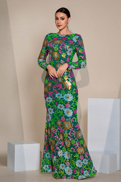 Vintage Flower Embellished Sequin Maxi Dress