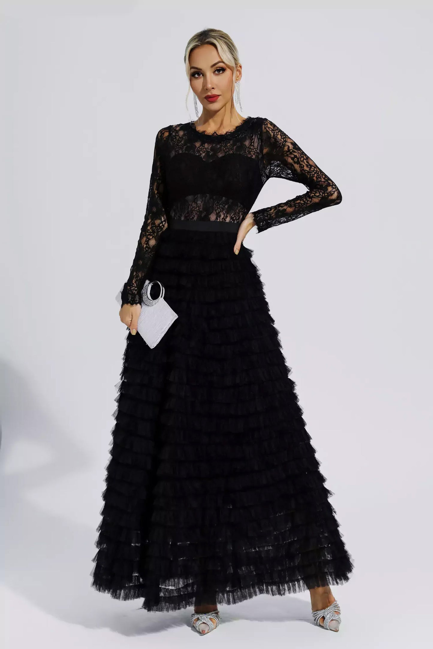 Black Hollow Lace A-line Maxi Dress