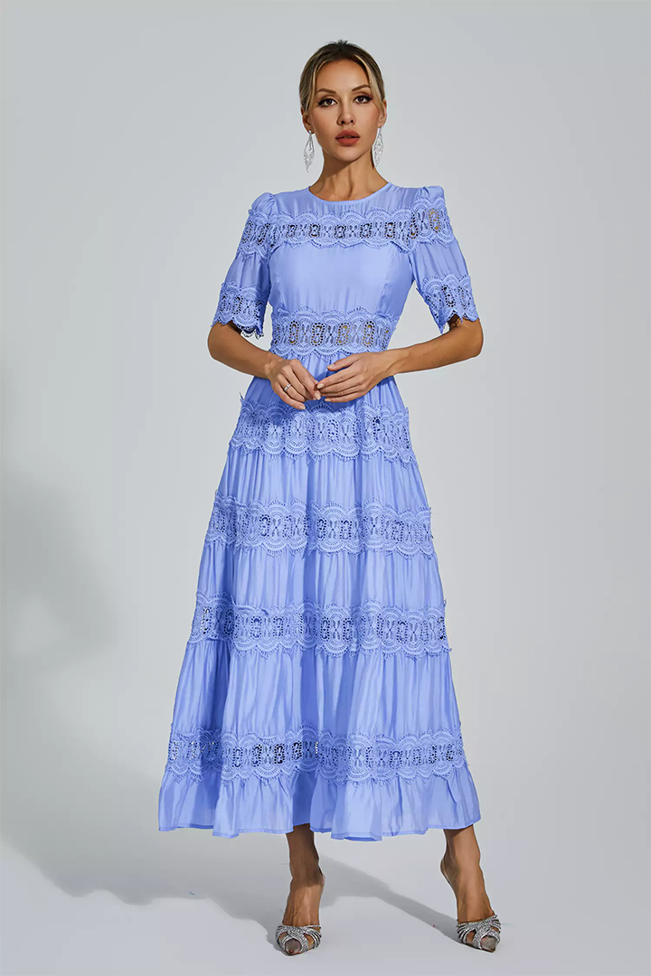 Blue Cut Out Lace Maxi Dress