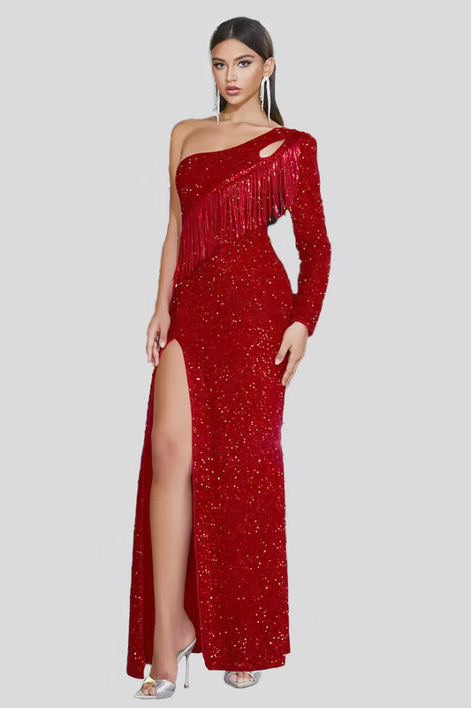 Red Long Sleeve Sequined Tassel Maxi Dress