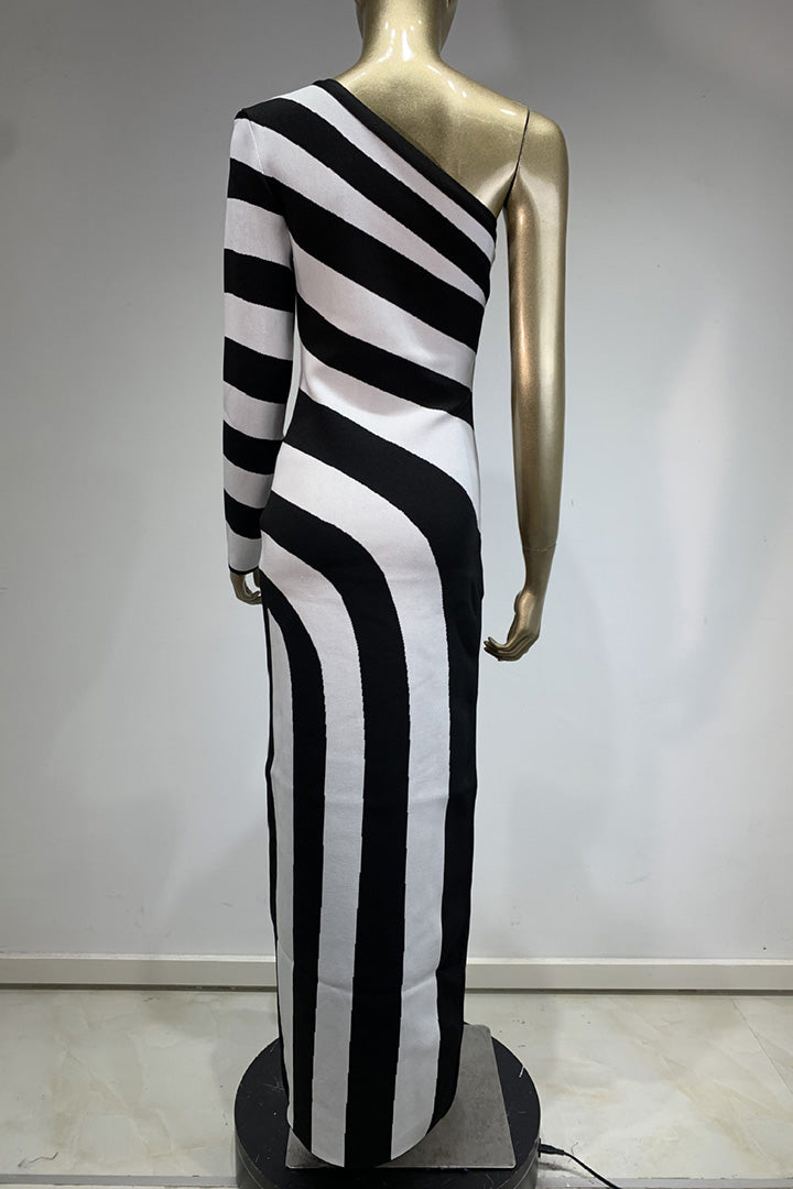 Black White Zebra Print One Shoulder Long Sleeve Dress