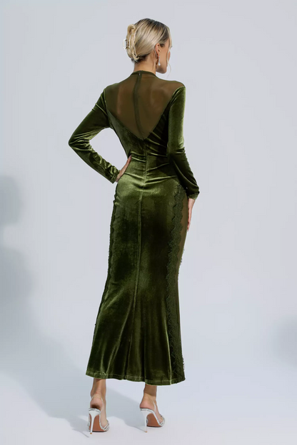 Green Mesh Long Sleeve Maxi Dress