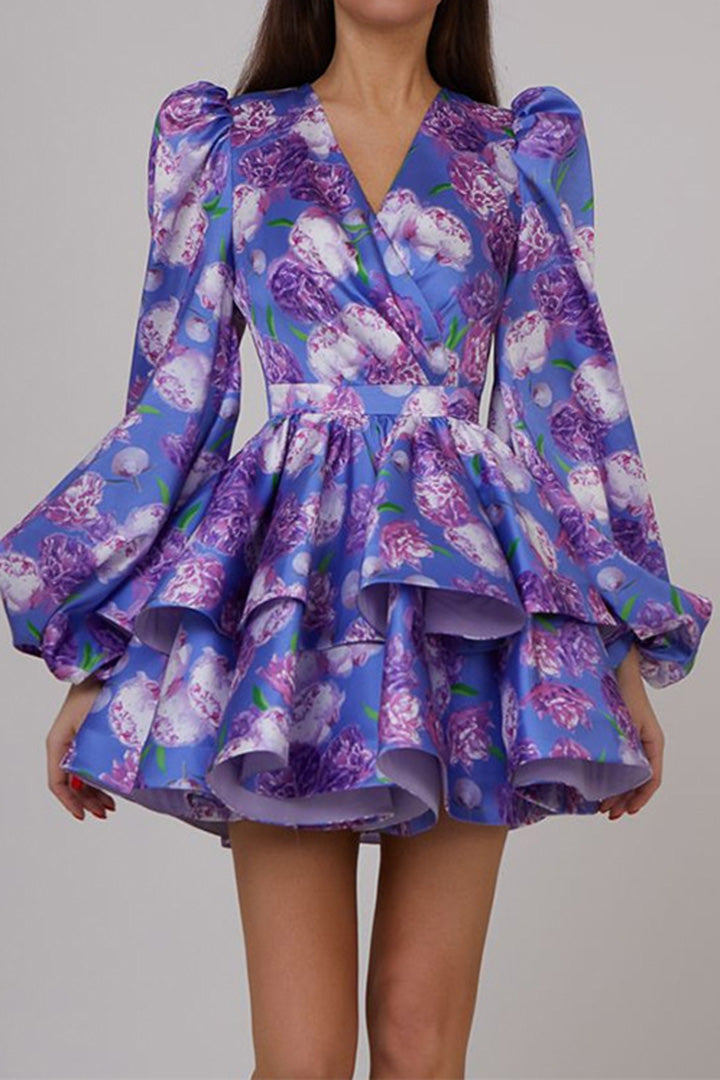 Bubble Sleeve Printed Short Puffy Dress