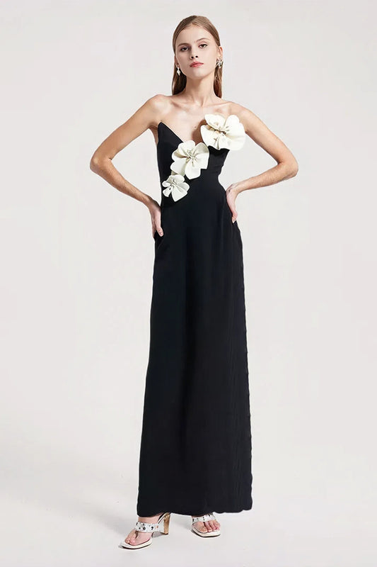 Black White Strapless Flower Bandage Maxi Dress