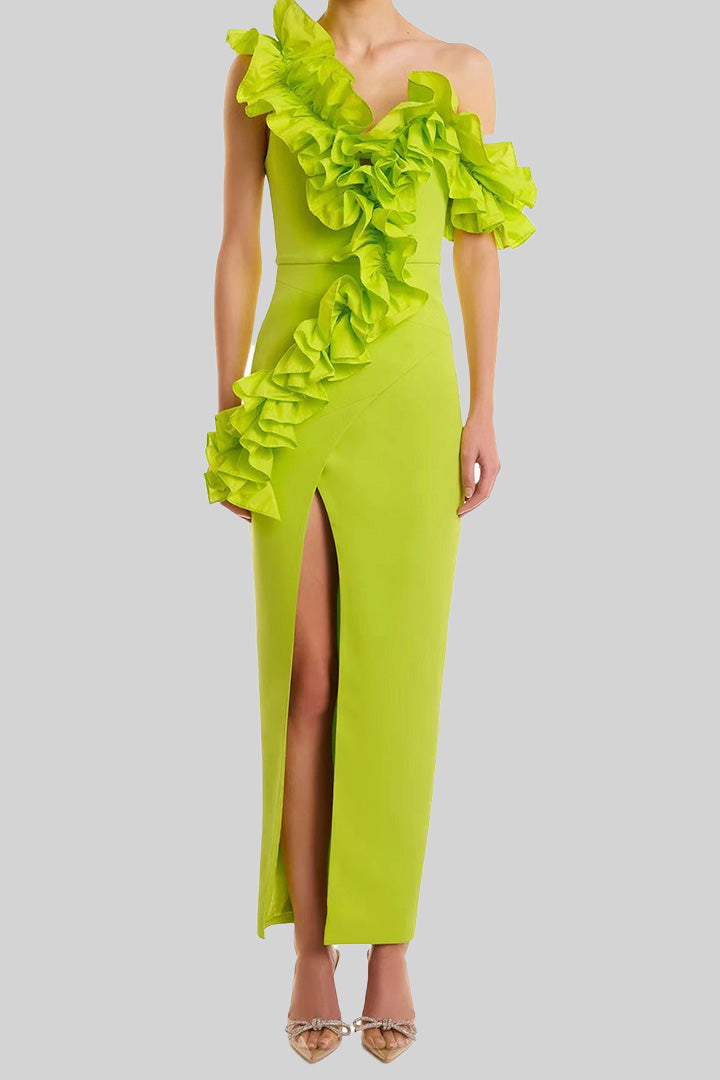 Green Ruffled Slant Neck Strapless Split Long Dress