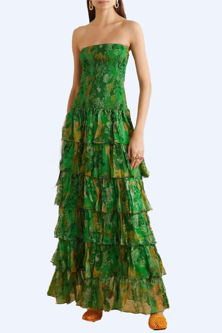 Green Smocking Strapless Tiered Maxi Dress