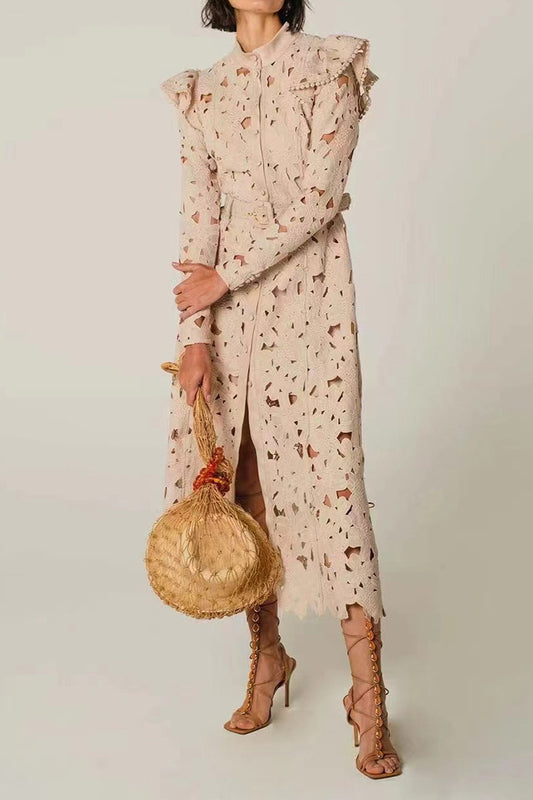 Khaki Embroidered Hollow Out Floral Ruffle Midi Dress