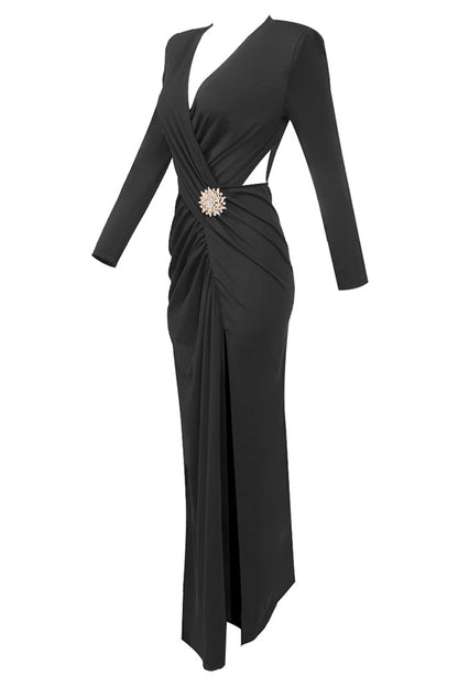 Long Sleeve Drawstring Cutout Crossover Maxi Dress