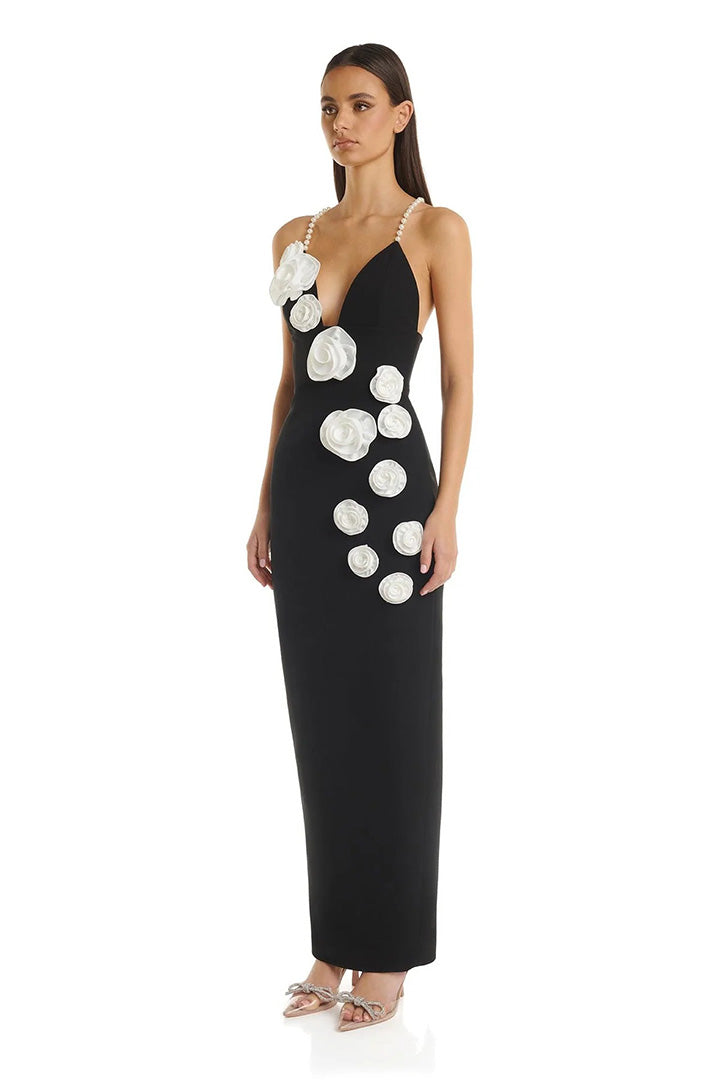 Black White Spaghetti Flower Patchwork Maxi Dress