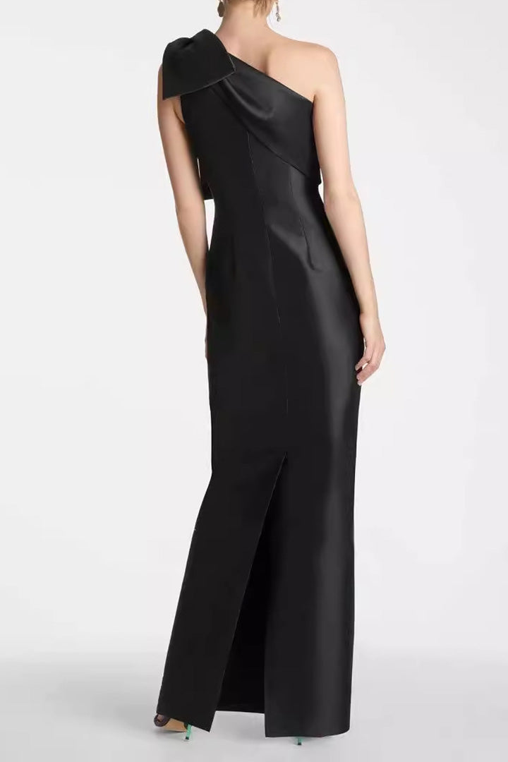 Black One Shoulder Bow Maxi Dress