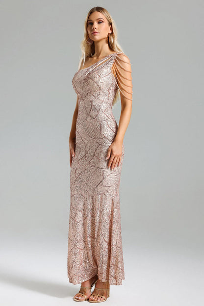 Light Brown Sequins One Shoulder Maxi Dress