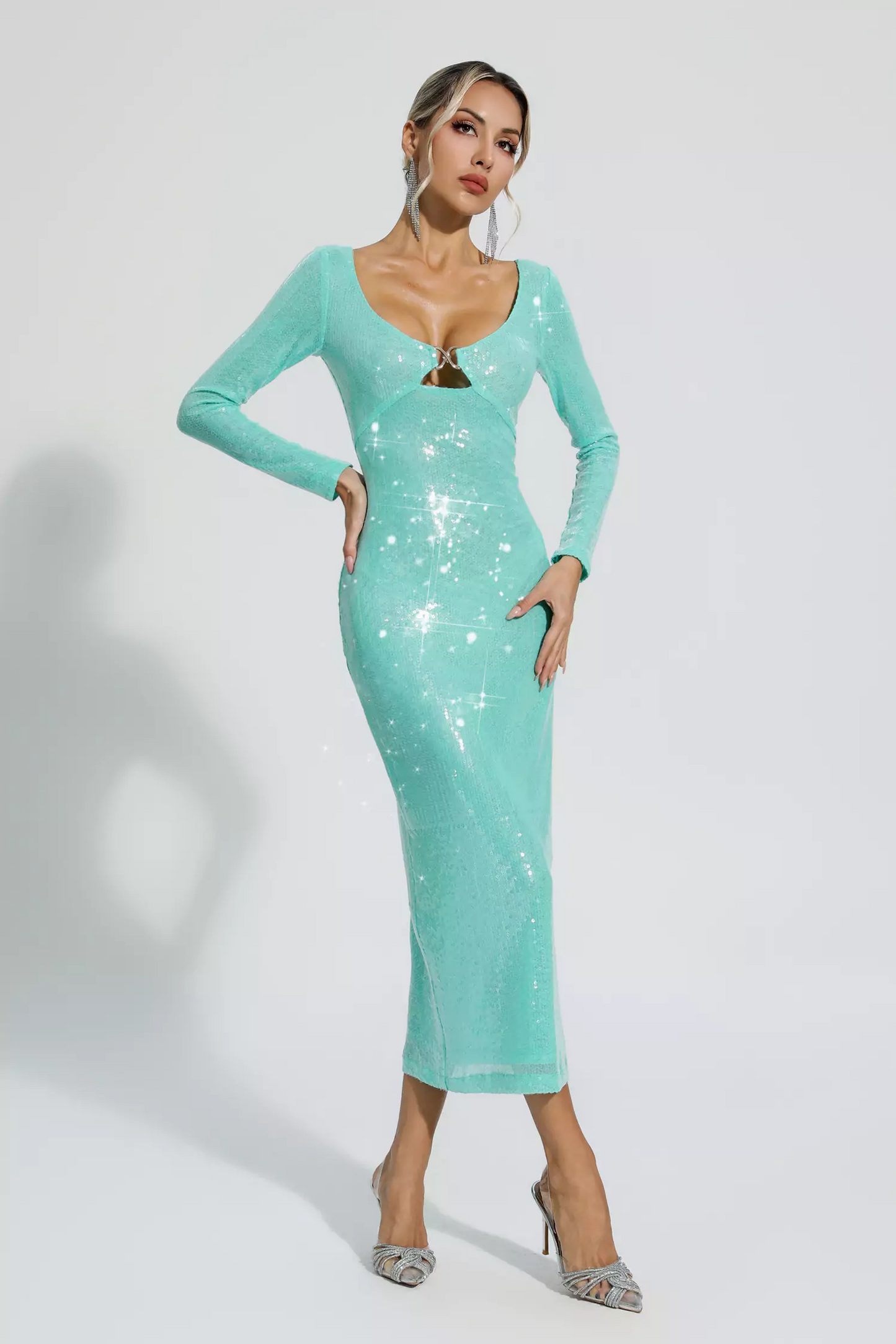 Green Long Sleeve Sequin Midi Dress