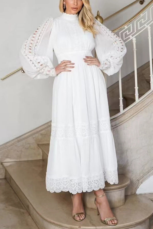 White Collar Lace Lantern Sleeve Long Dress