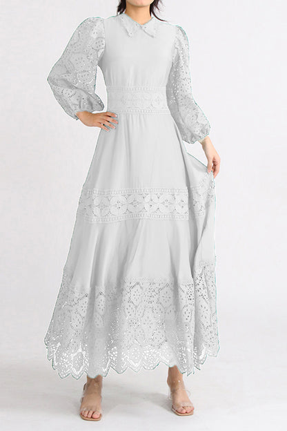 Lace Panel Lapel Long Sleeve Midi Dress