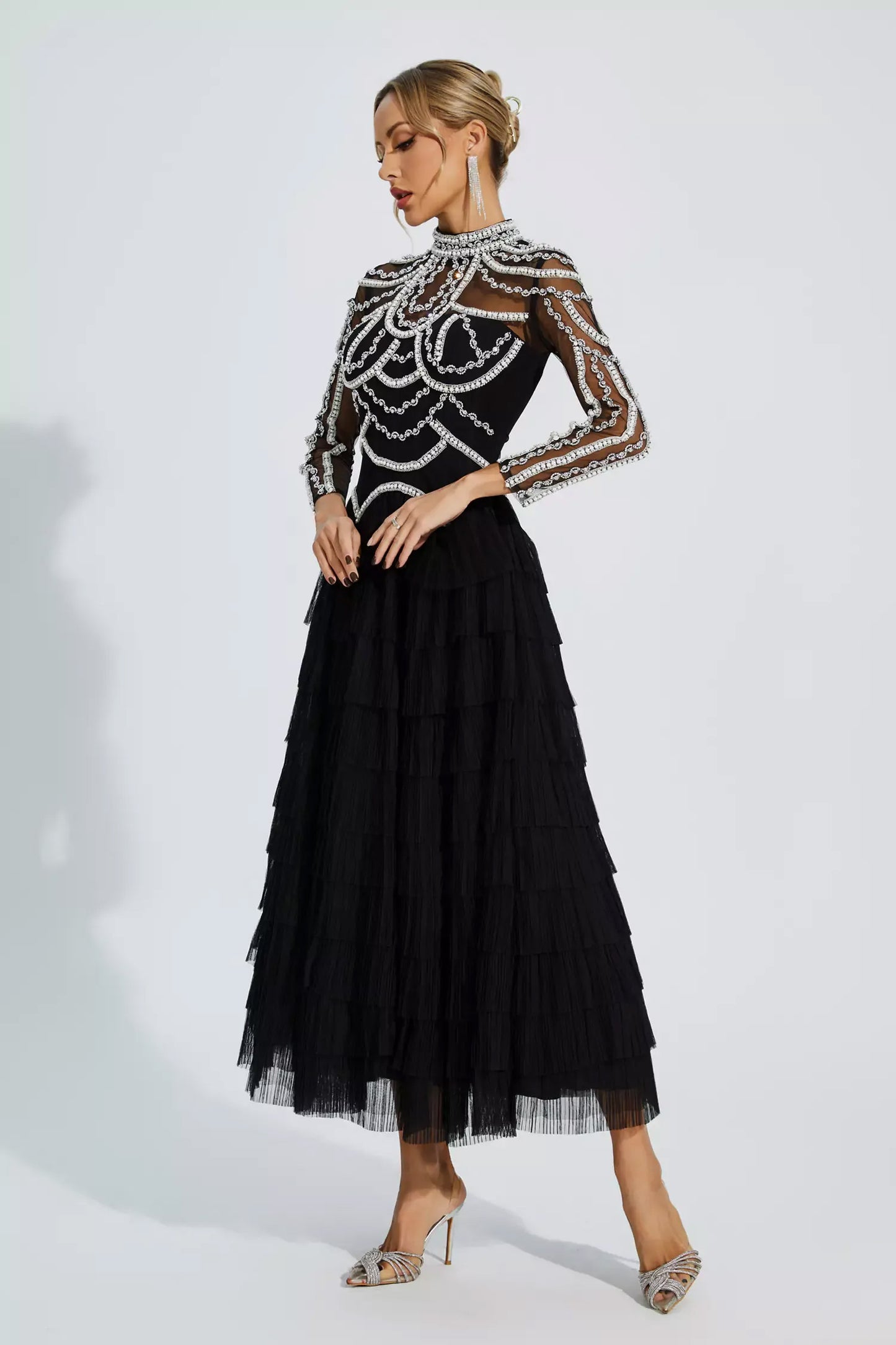 Black Beading Maxi Evening Dress