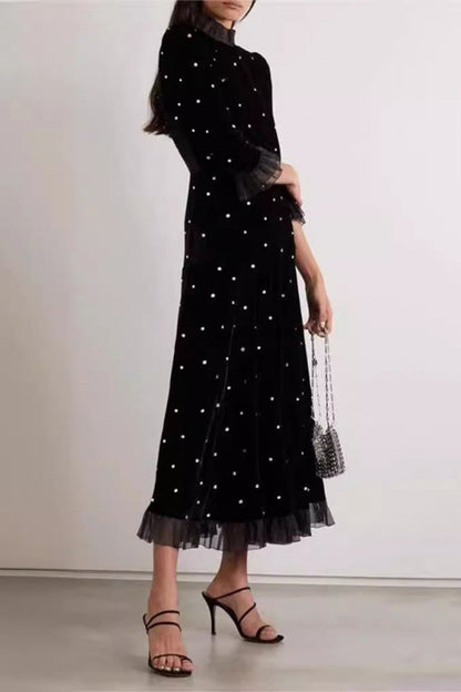 Black High Neck Long Sleeve Velvet Long Dress