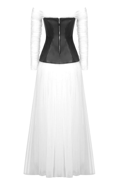 White Mesh PU Patchwork Sheath Maxi Dress