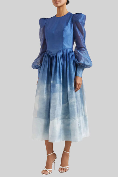 Gradient Blue Round Neck Bubble Sleeve Midi Dress