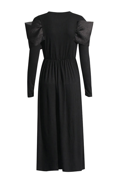 Black Round Neck Bowknot Long Sleeve Midi Dress