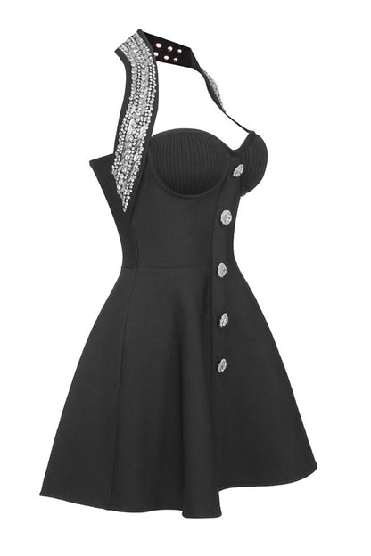 Black Sleeveless Heavy Beaded A-line Mini Dress