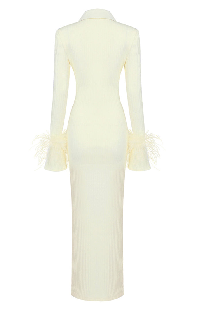 Light Yellow Feather Cuffed Stretch Long Dress