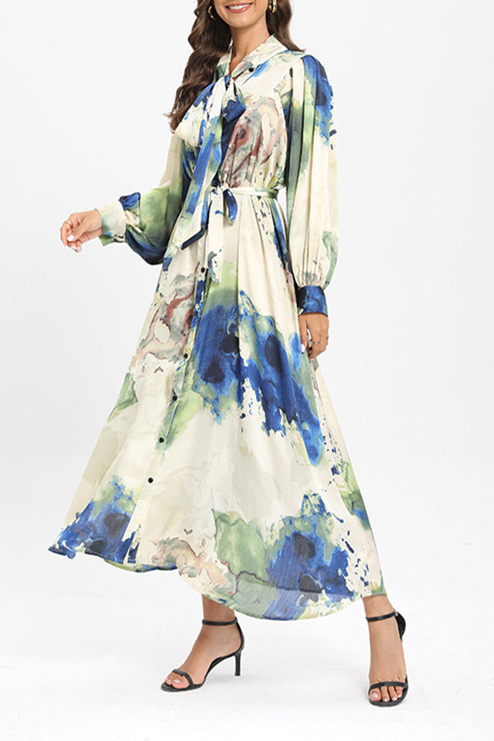 Green Floral Tie Dye Long Sleeves Maxi Dress