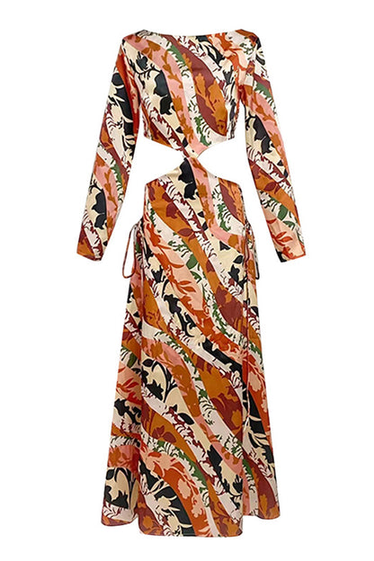 Orange Round Neck Printed Cutout Maxi Dress