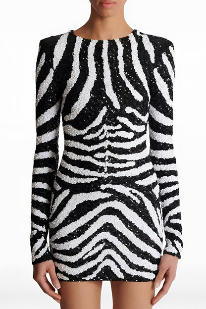 Black Zebra Print Sequined Short Dress